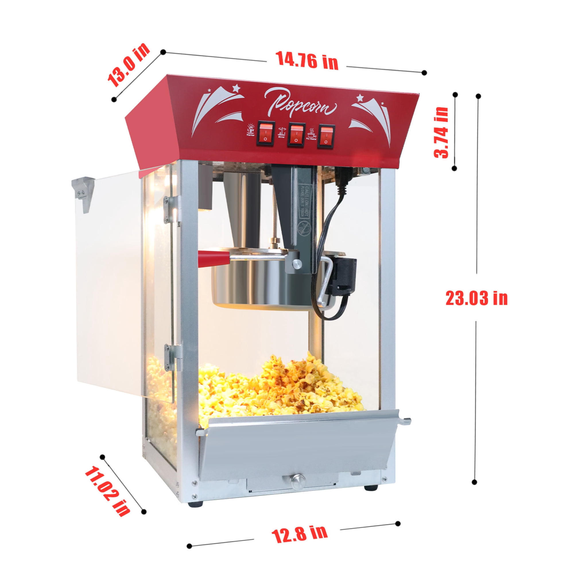 Leumius Commercial Popcorn Machine, 12 Ounce Kettle Stainless Steel Popcorn Maker with Tempered Glass, Warming Deck, 850W Countertop Popcorn Popper for Parties, Events, Home Theater Red