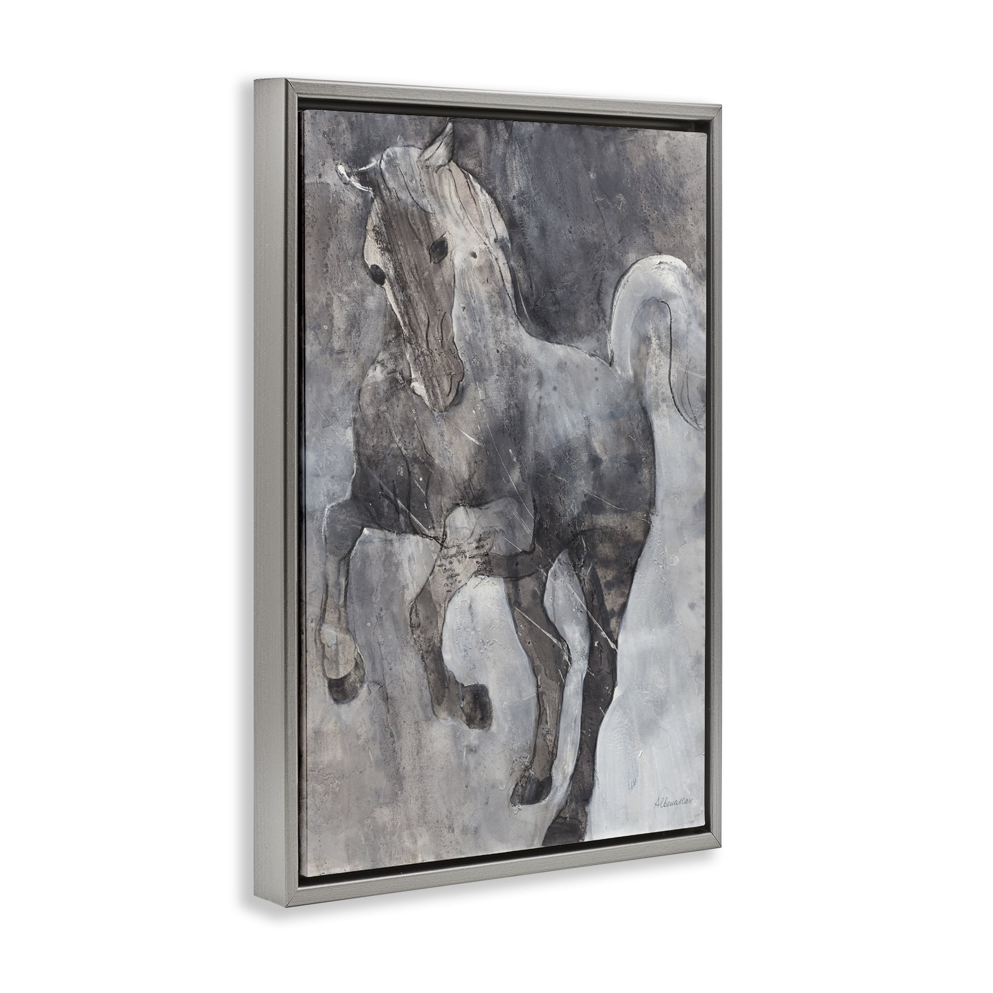 Stupell Industries Wind Dancer Stallion Animals & Insects Painting Gray Floater Framed Canvas Art Print Wall Art, 17 x 25
