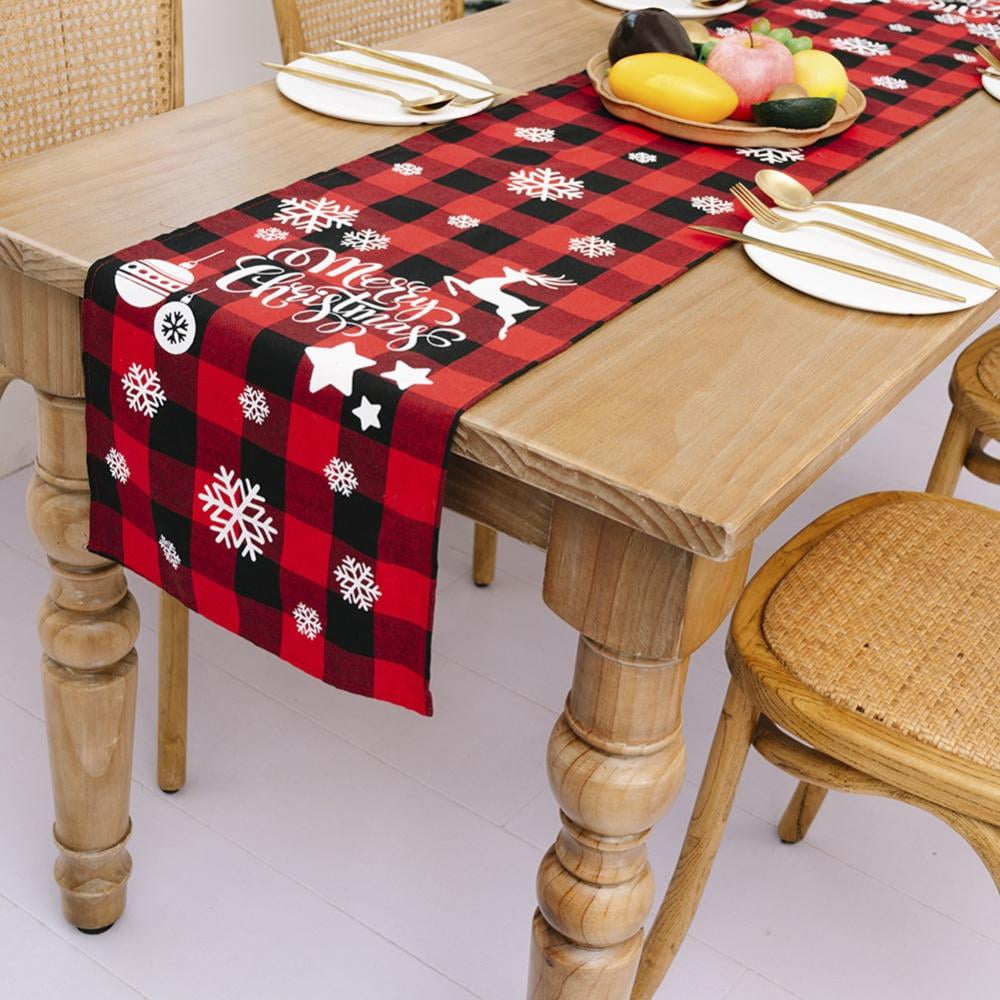 Merry Christmas Tree Gnome Table Runner for Kitchen Dining Snowflakes Red Buffalo Check Dresser Scarves Table Setting Decor for Party Gathering Garden Wedding Dinner Decoration 13 x 36 inch 