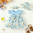 thumbnail image 2 of OLLUISNEO Infant Baby Girls Clothes 18-24 Months Girls Dress Toddler Girls Flying Sleeve Dress Summer Floral Dress Headband Hat 3pcs Set, Blue, 2 of 9
