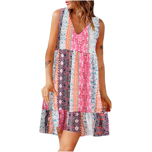 HKEJIAOI Robe Florale pour Femmes Robe d'Anniversaire Mode Été Col en V Sans Manches Imprimé Volants Robe Décontractée Rose Vif Réduction Liquidation