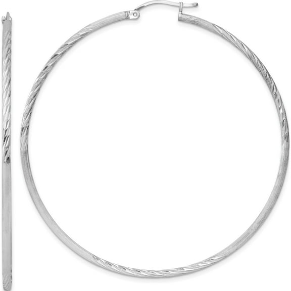 Sterling Silver Rhodium-Plated 2mm Polished/Satin Diamond-Cut Hoop Earrings (68 X 66) Made In Mexico qe4426