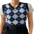thumbnail image 1 of Gilet Tricoté Sans Manches Style Preppy Col en V à Carreaux Argyle pour Femmes, 1 of 6