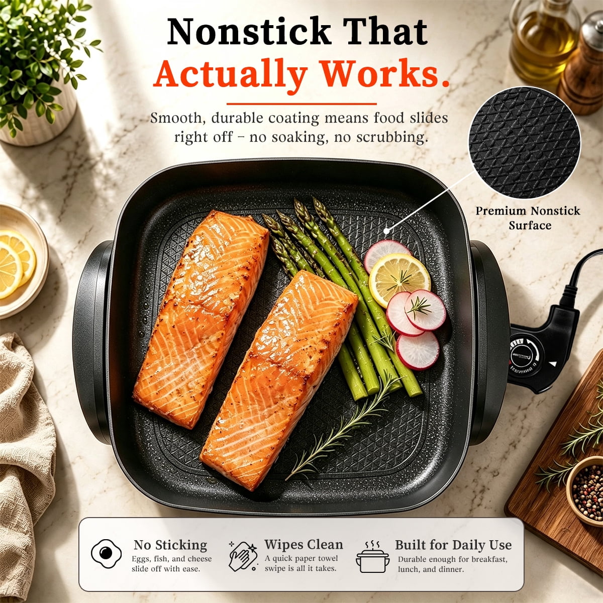 12 Inch Electric Frying Pan with Glass Lid, 5L Non-Stick Skillet, 1500W Fast Heating with Adjustable Temperature Control