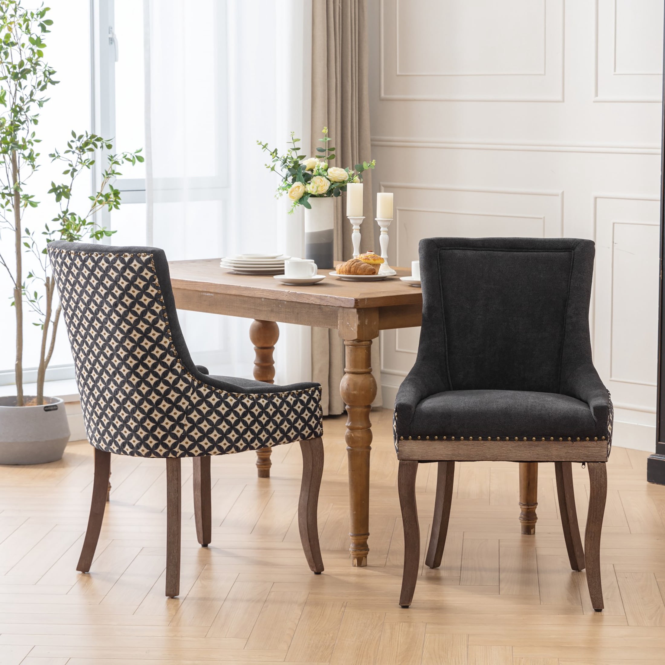 HSUNNS Indoor Dining Chairs Set of 2, Upholstered Armless Dining Room Chairs with High Backrest and Nailhead Design, Mid Century Side Dining Chairs with Wood Leg, Capacity of 300lbs, Black