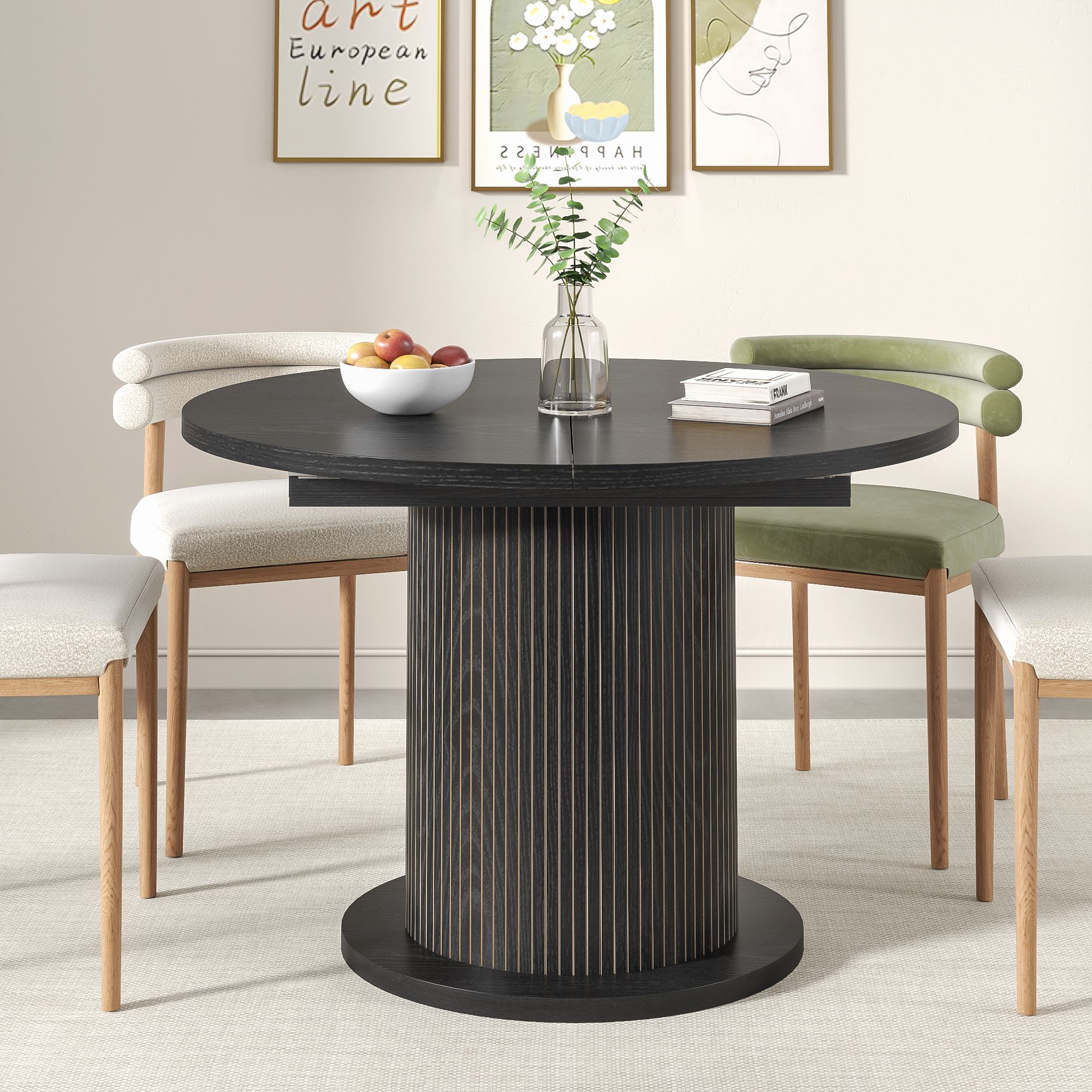 Round Dining Table for 4-6 People, 43.3“-59“Extendable Round Kitchen Dining Table with Pedestal Base, Black