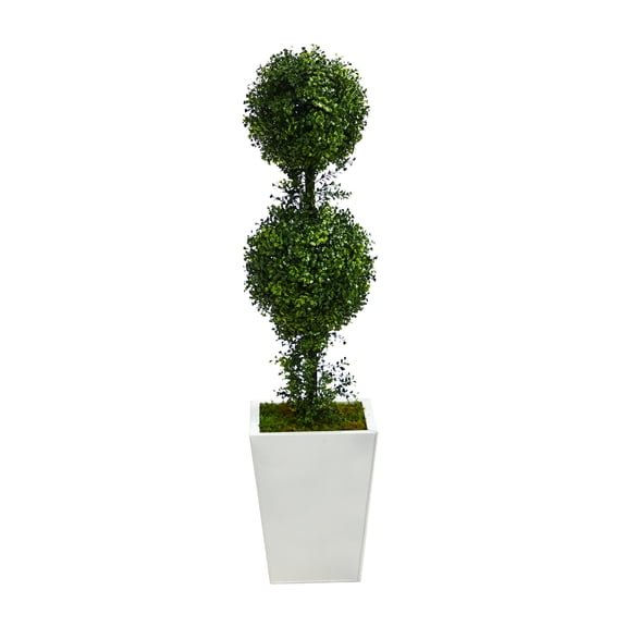 Nearly Natural 3.5ft. Boxwood Double Ball Topiary Artificial Tree in White Metal Planter(Indoor/Outdoor)