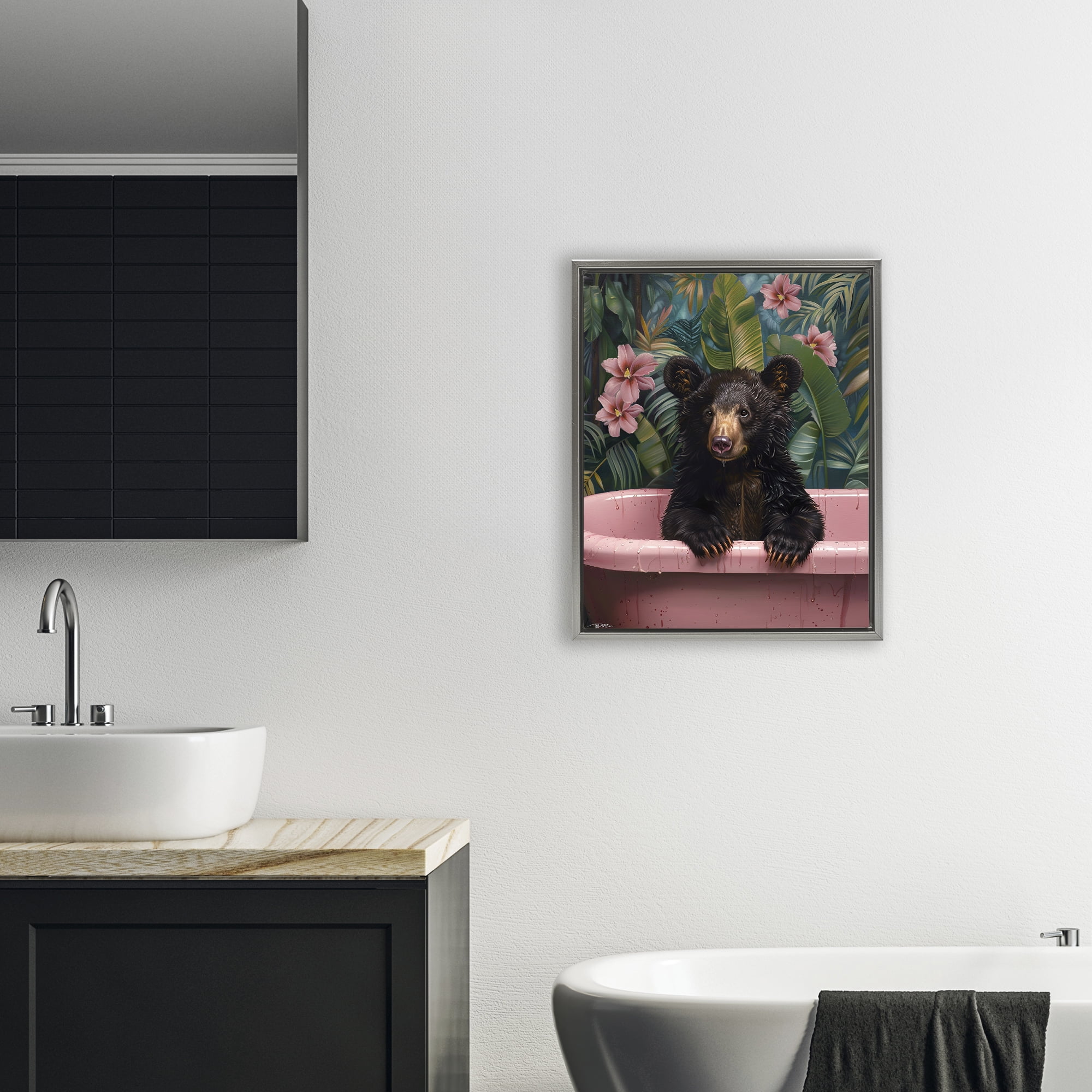 Bruno Bear in Pink Tub Gray Framed Floater Canvas Wall Art, design by Momart