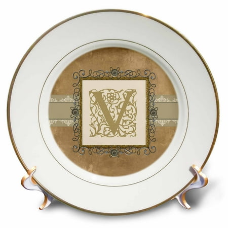 - 3dRose V Initial Vintage Elegant Vines and Flowers in Sepia and Pewter Look, Porcelain Plate, 8-inch