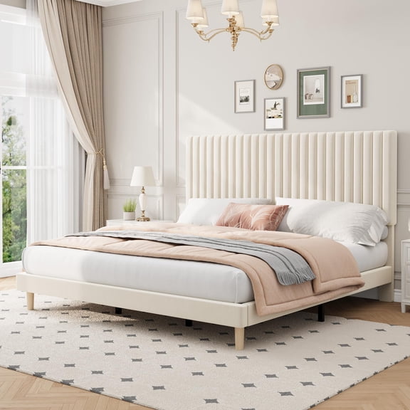 Queen Size Velvet Bed Frame – Vertical Channel Tufted Headboard, Height Adjustable, Upholstered Platform Bed, No Box Spring Needed – for Bedroom