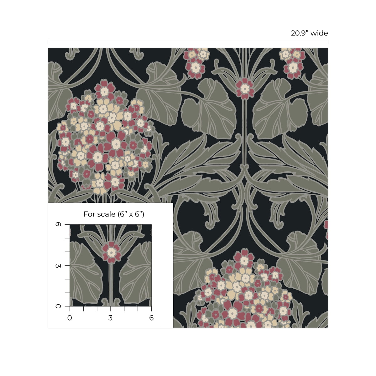 NextWall Black & Rosewood Hydrangea Floral Peel and Stick Wallpaper - 20.9 in. W x 18 ft. L Roll
