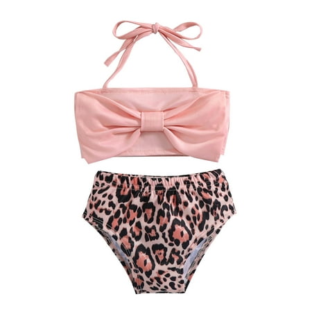 

Calsunbaby Baby Girls Split Swimsuit Set Toddlers Summer Bow Sleeveless Swimwear Leopard Print Swimming Trunks Pink 0-6 Months