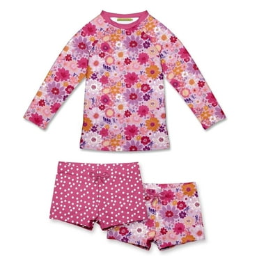 Millie Loves Lily Girls Fucshia Floral Long Sleeve Rashguard Set, UPF 50 , Big Girls, Size 8, 3-PCS