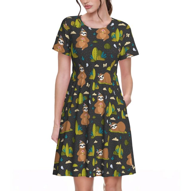 Balery Funny Sloths In The Forest Vestidos sueltos de manga corta para mujer, vestidos de verano 2025, vestidos casuales de corte A con vuelo.