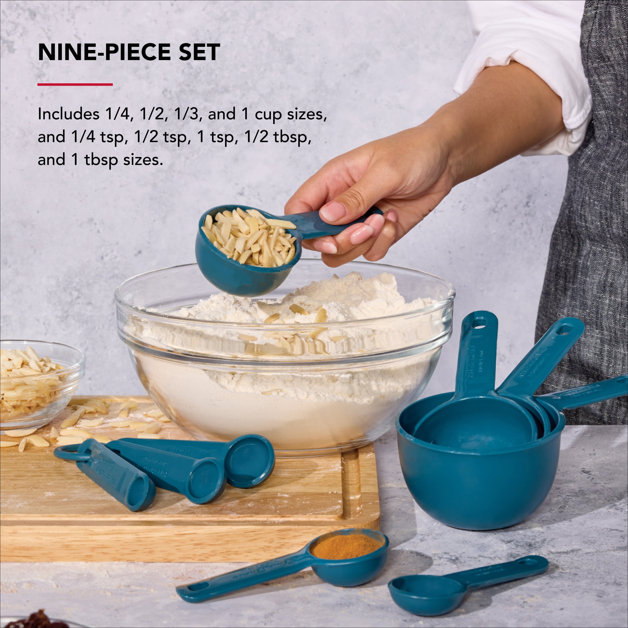 KitchenAid 9-Piece Plastic Stackable Measuring Cup and Spoons Set for Cooking, Agave
