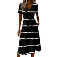 thumbnail image 4 of Women’s Short Sleeve V Neck Striped Midi Dress with Elastic Waist Casual Fit and Flare A Line Skirt for Everyday Wear Black L, 4 of 5