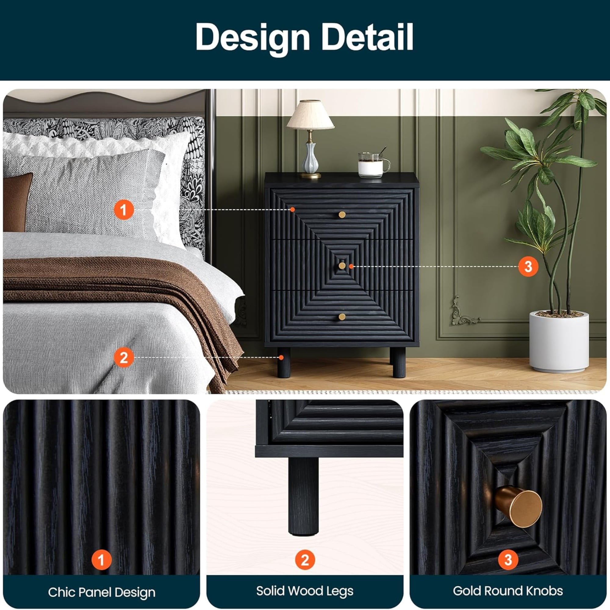 18.7 Inches Width Black 3 Drawer Nightstand - Modern Wood Chest with Solid Legs