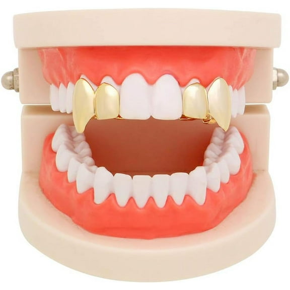 2 Pcs 18K Gold Plated Double Tooth Cap Hip Hop Teeth Grillz Vampire Fangs Grills Set for Men Women Party Accessories Teeth Grills (01, Gold), Gold, Silver, Rose Gold, Black, One Size
