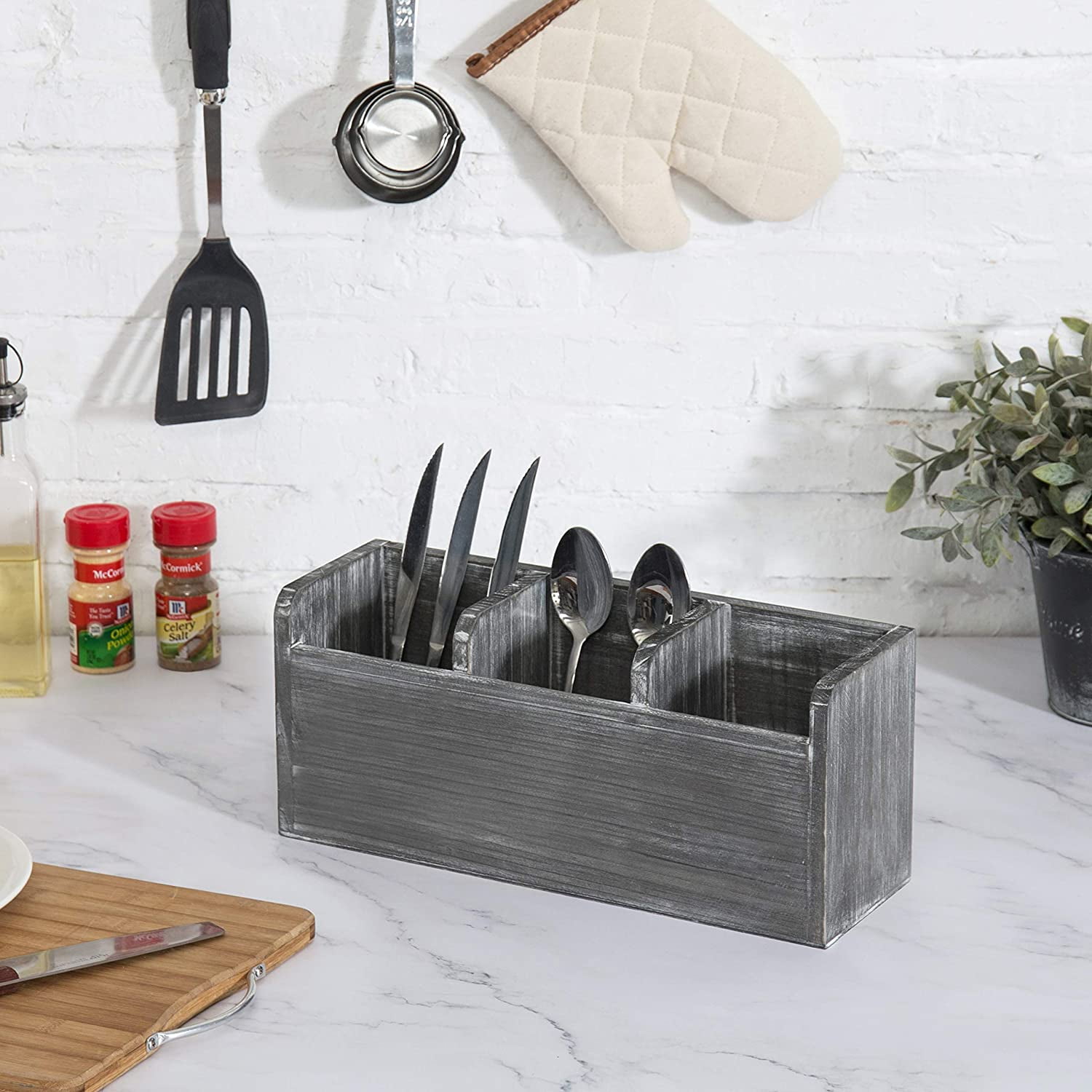 MyGift Rustic Grey Wood Utensil Holder, Flatware Caddy