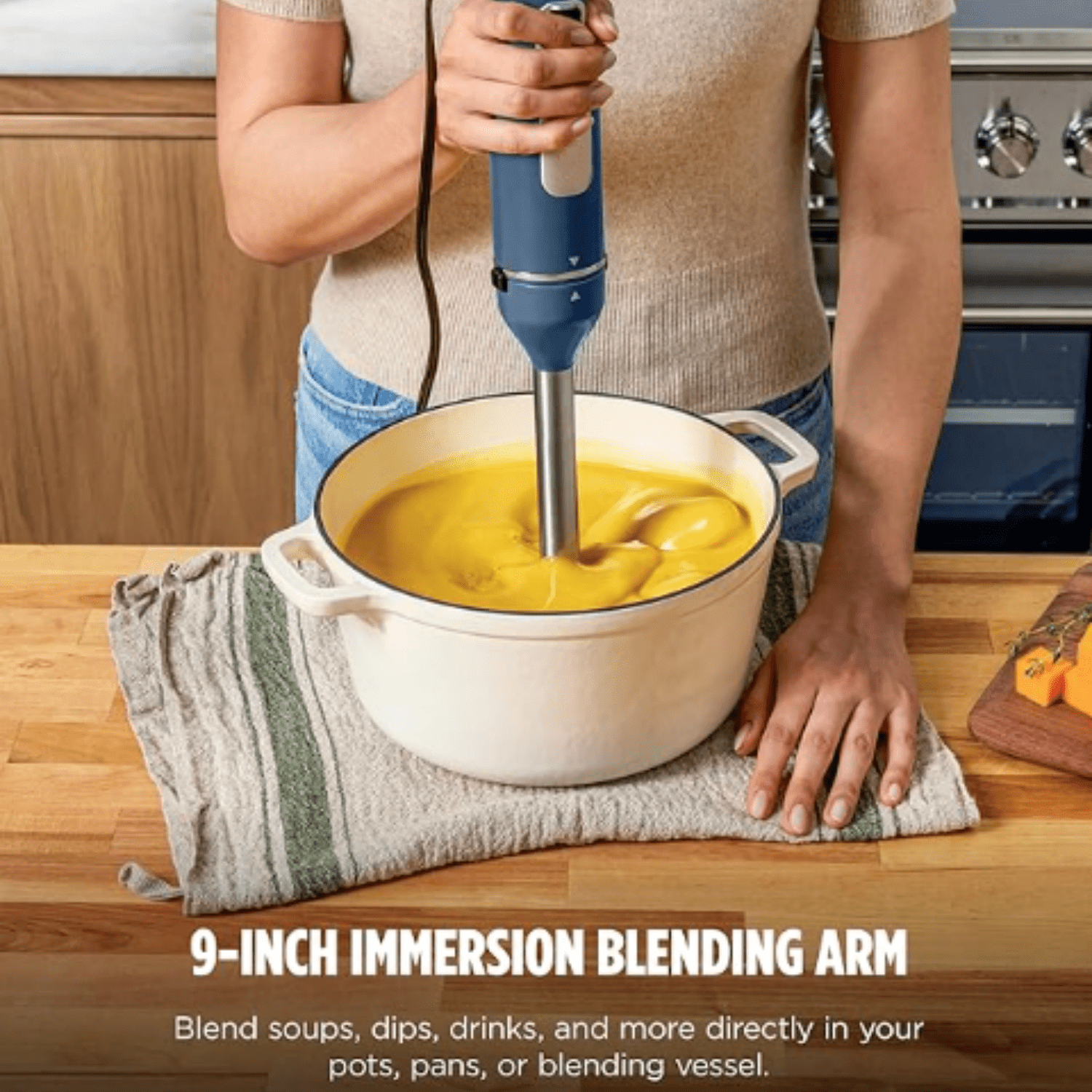 Immersion Blender and Whisk, Hand Stick Blender, 4 Speeds, with SplatterShield and PanProtect, 4-Cup Blending Vessel, Dishwasher , 5-ft Cord, Ergonomic, Deep Navy