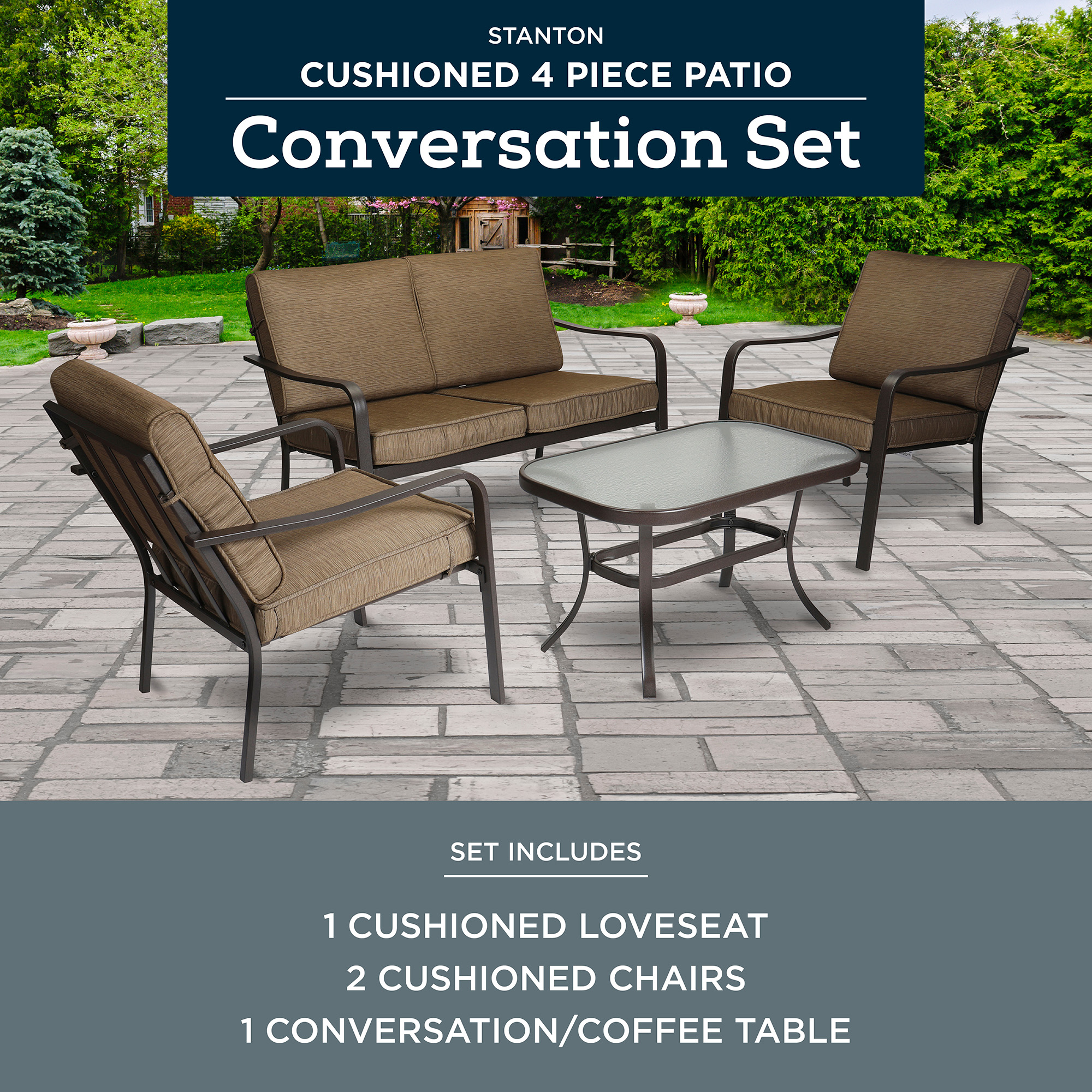 Mainstays Stanton 4-Piece Patio Furniture Conversation Set, Brown, Metal - image 2 of 9