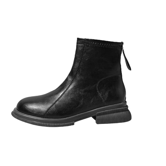 hopeusnice Round Toe Back Zipper Chunky Heel Ankle Boots Women Leather Fashion Boots for Vacation Black 35