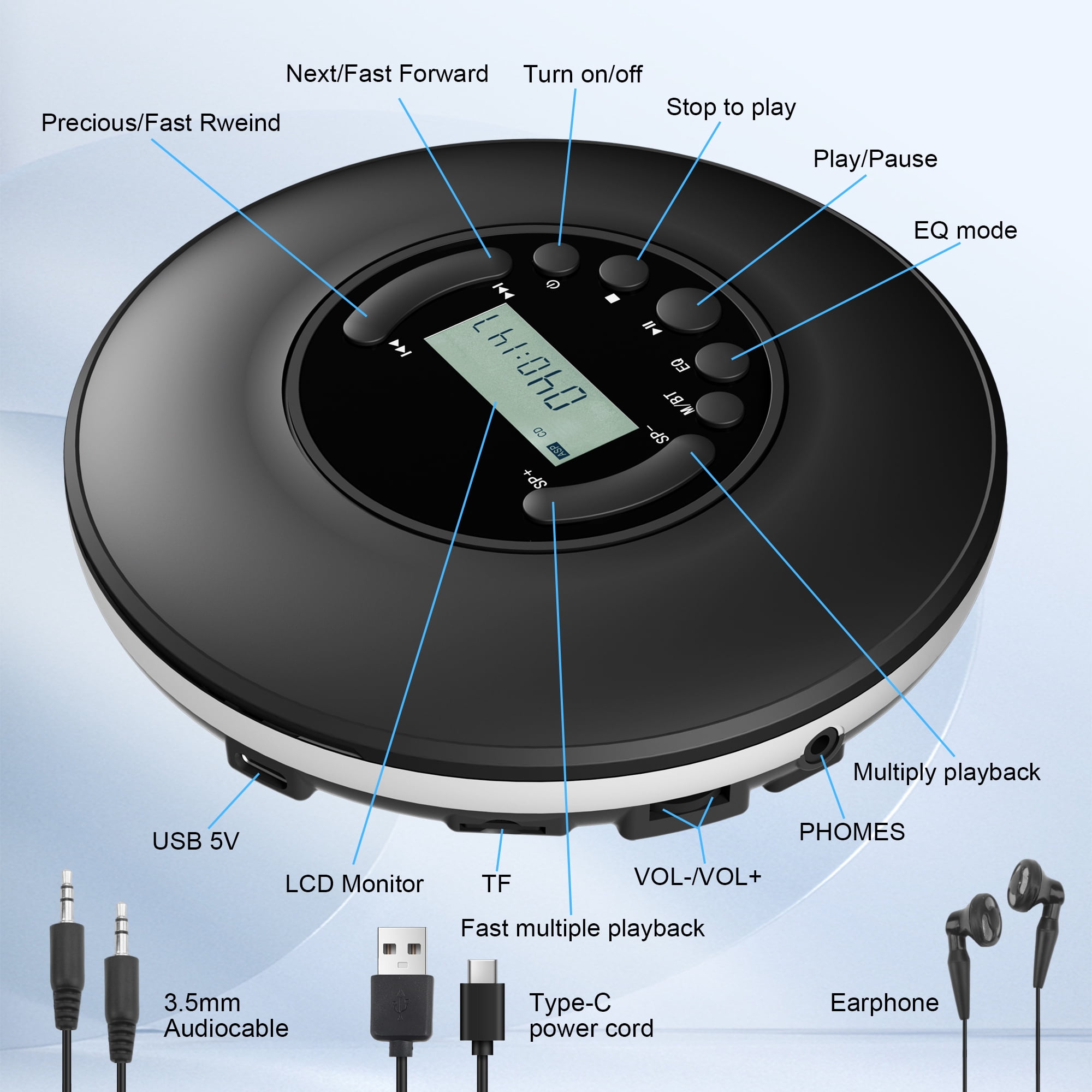 CD Player Portable, Discman with Stereo Earbuds and Bluetooth Output, Anti-Skip Shockproof Walkman, Compact and Lightweight, Power DC or 2xAA Battery