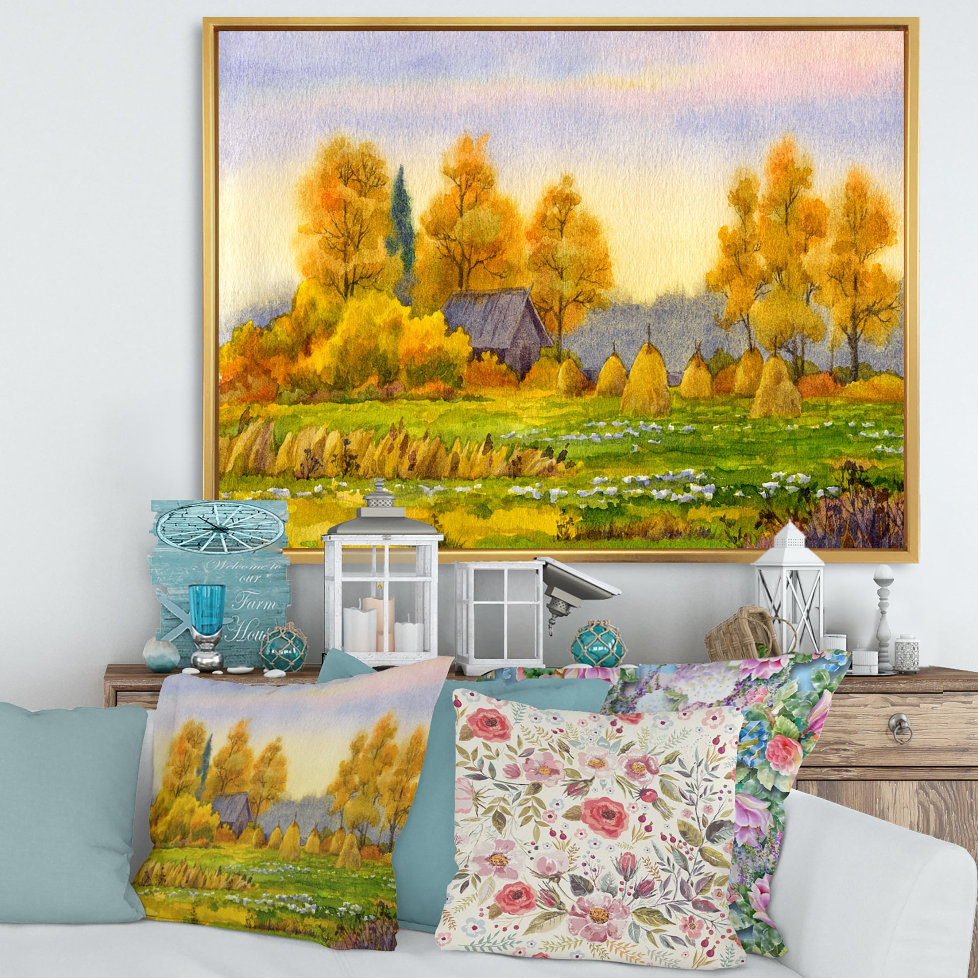 Orange Fields With Haystacks II 32 in x 16 in Framed Painting Canvas Art Print, by Designart