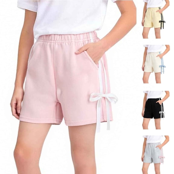 Einccm Girls Summer Casual Shorts with Bow Accent and Striped Detail, Elastic Waist Athletic Play Shorts with Pockets for Toddlers and Little Kids 6 Months-7 Years