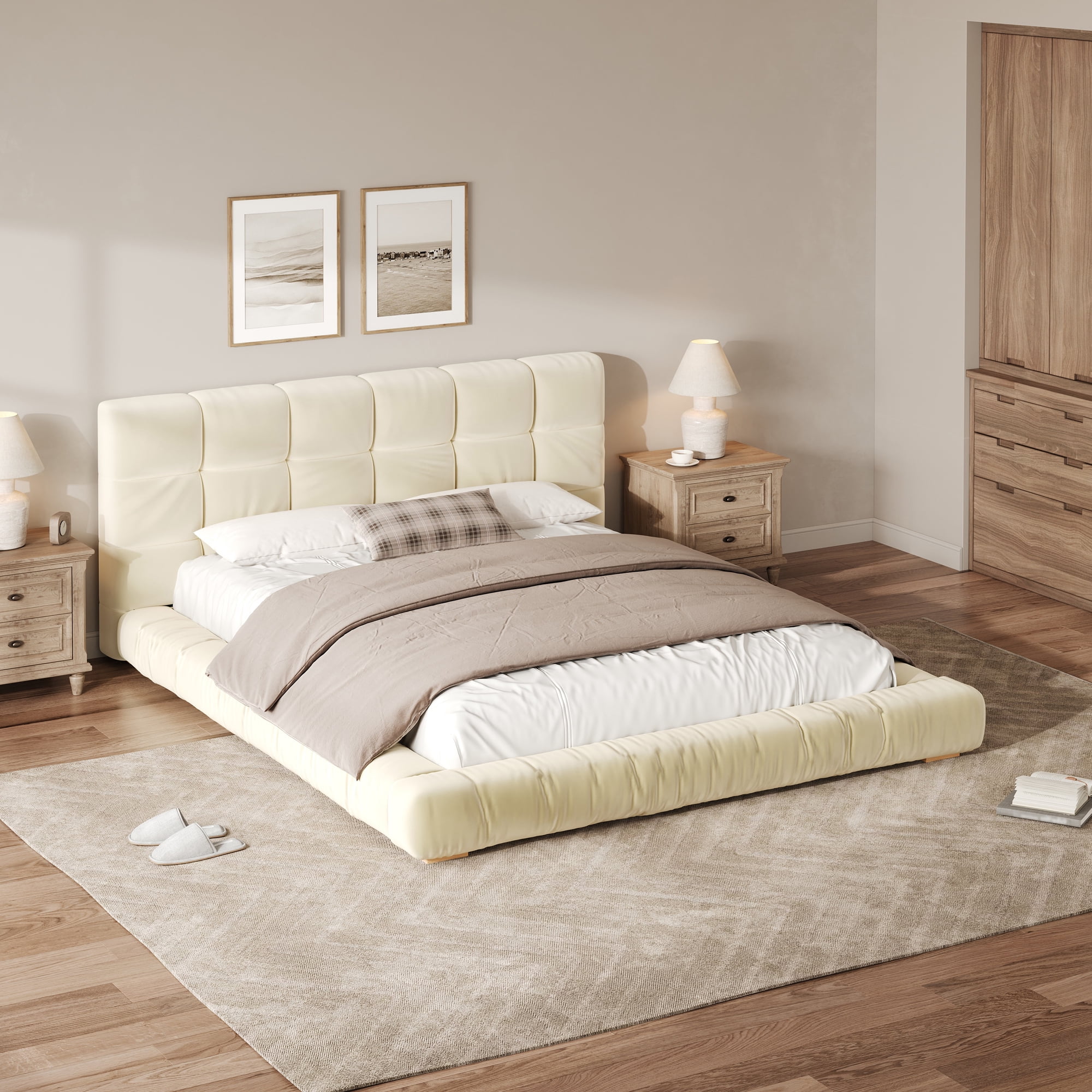 Euroco Velvet Upholstery Queen Size Platform Bed with Channel Tufted Headboard, Beige