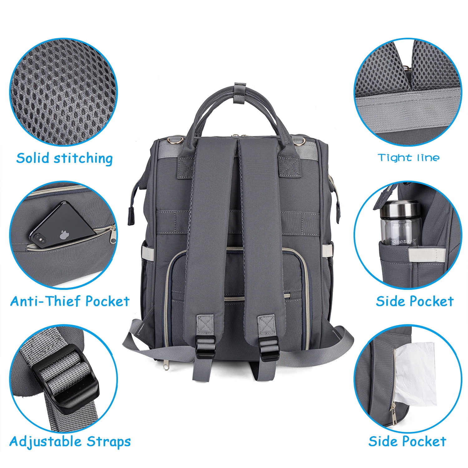 Baby Diaper Bag Backpack Tote Backpack Stroller Hanging Bag Travel Nappy Bag with USB Charging Port for Outdoor Working Mommy Bag(Gray)