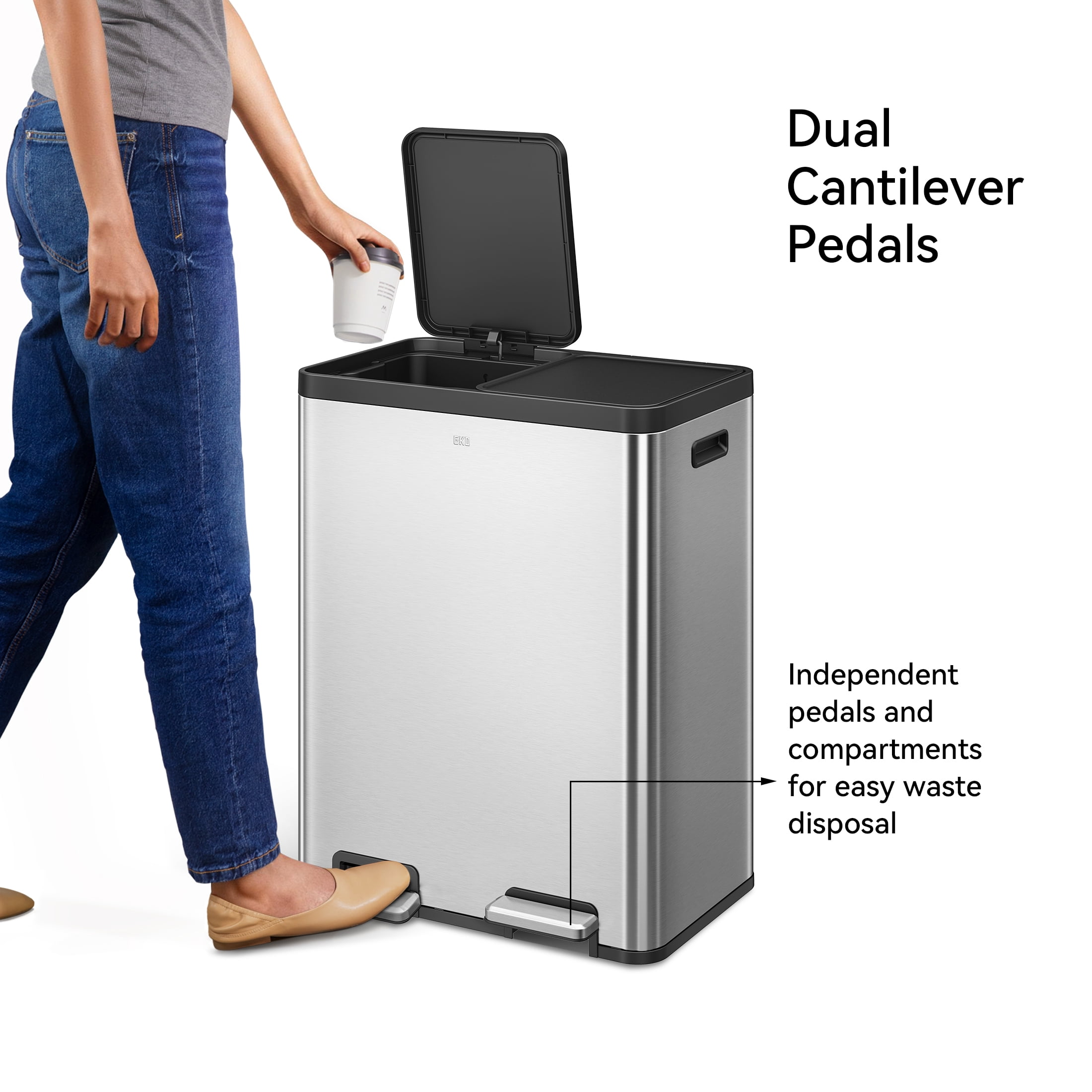 EKO Essential Kitchen Recycling Trash Can, 16 Gallon, Stainless Steel, Silver with Sample Trash Bags Included