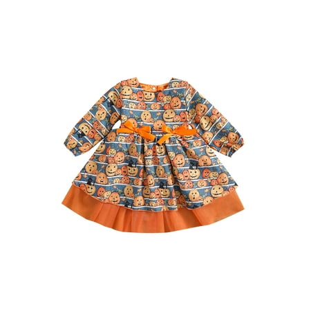 

Licupiee Infant Halloween Patchwork Dress Girls Pumpkin Cat Print Long Sleeve Round Neck One-piece with Bows