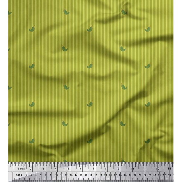 Soimoi Tissu Satin Modal Vert Imprimé Piment Vert & Rayures au Mètre 42 Pouces de Large