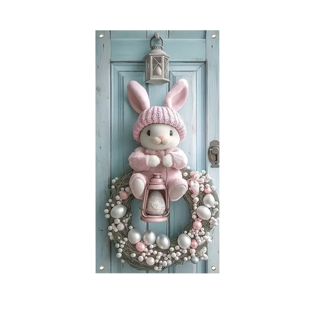 B Spring Festival Door Curtain Hanging Decor With Bunny And Egg Pattern Polyester Fabric For Holiday Party Background 70.87 Inches High