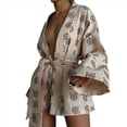 thumbnail image 1 of Pijama Holgado con Estampado para Mujer, Informal, con Cordones, de Larga y Pantalones Cortos de Cintura Alta, para el Hogar. Caqui L, 1 of 8