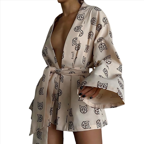 Pijama Holgado con Estampado para Mujer, Informal, con Cordones, de Larga y Pantalones Cortos de Cintura Alta, para el Hogar. Caqui S