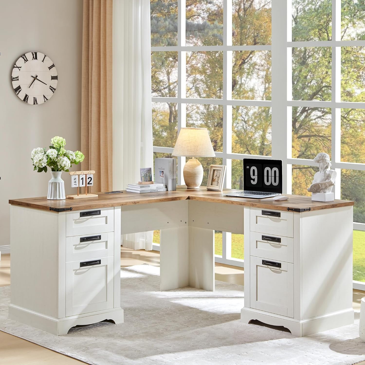 OKD 60" Farmhouse L Shaped Executive Desk with Storage Drawers, Wood Home Office Desk with File Cabinet & Charging Station, Antique White