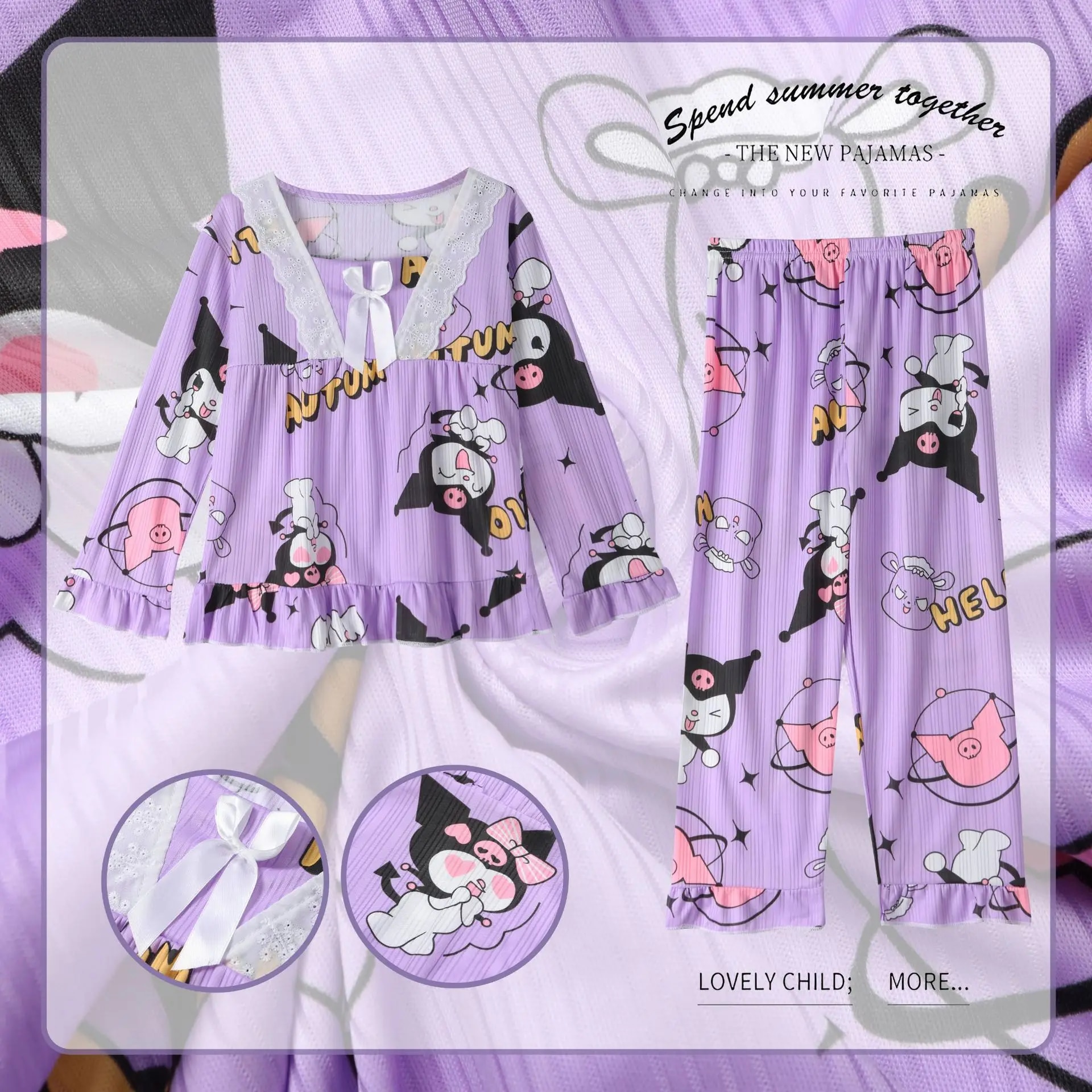 Lovely Sanrio Print Pajamas Cartoon Hello Kitty My Melody Kuromi ...