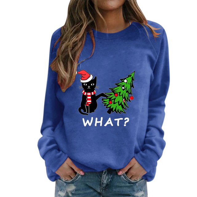 Gibobby Divertidas Sudaderas Sudadera con cuello en O con estampado navideño para mujer Cuello Rojoondo Fit Pullover Tops Casual Blusa suelta de manga larga (Azul, L)