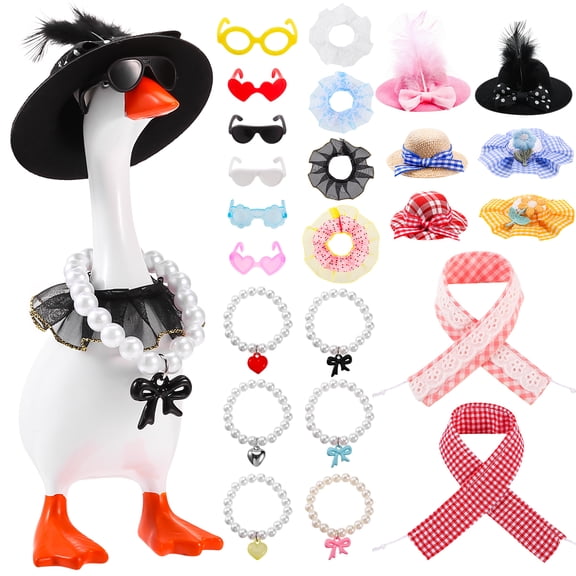 Armscye 6 Sets 7 in Desk Goose Outfits, Mini Porch Goose Accessories with Hats, Glasses, Necklaces Dress up Set for Geese Statue, Office Gift Table Decor