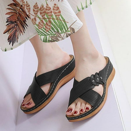 

VKEKIEO Round Toe House Slippers Flat Heel Platform Black