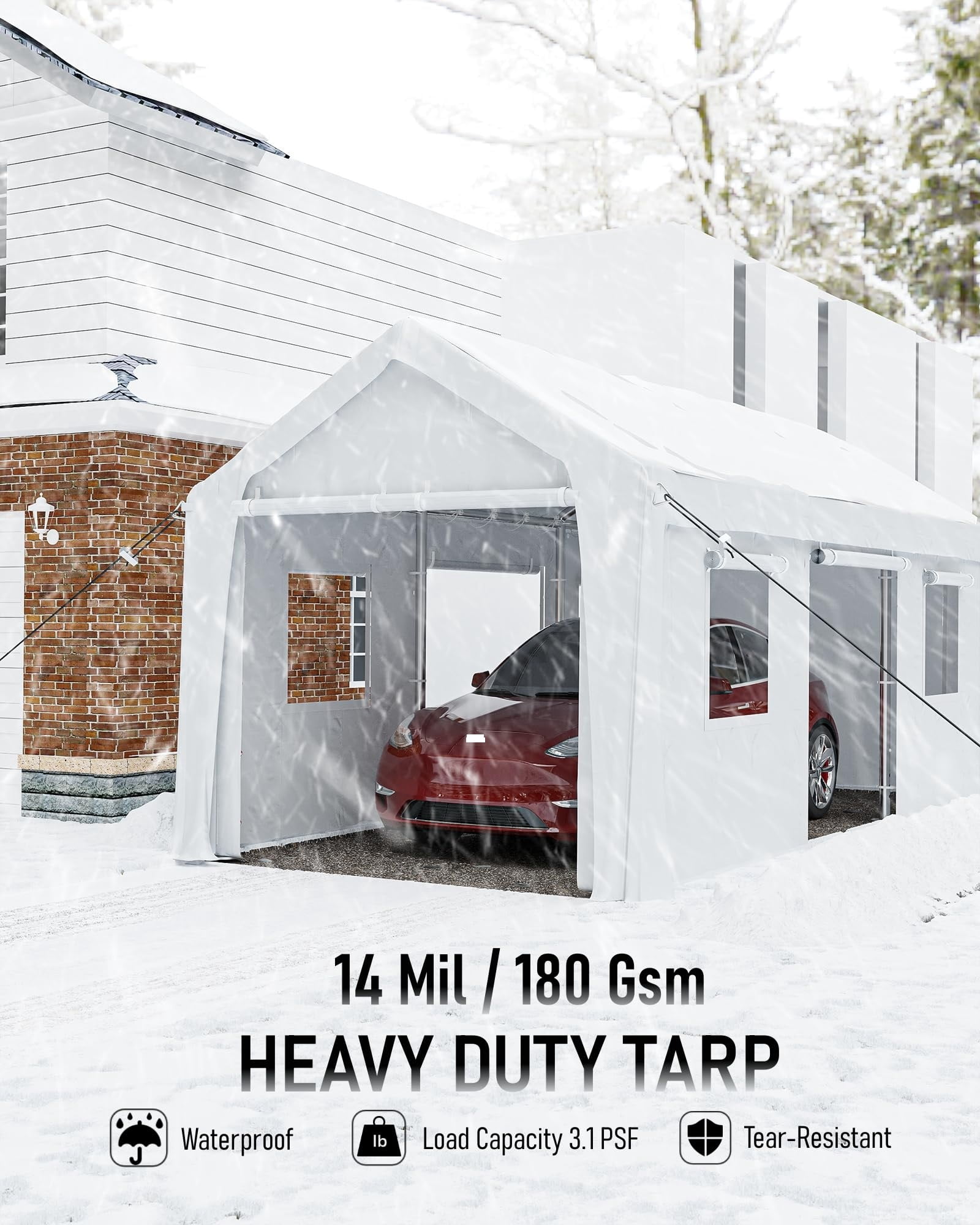 Riedhoff 10x20 ft Carport with 180g PE Tarp & Roll-up Doors for Sedans,Motos,ATVs and SUVs,White