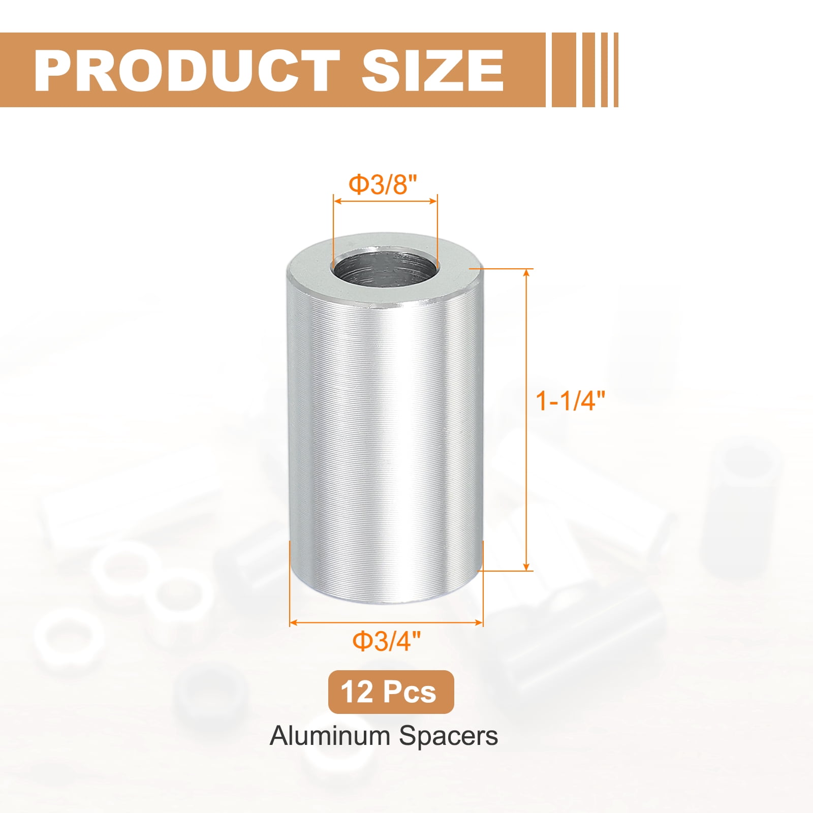 12PCS Aluminum Spacers, 3/8" x 3/4" Metal Spacers Aluminum 1-1/4" L Spacer Screw Standoff Round Unthreaded Standoff Bushing for 3/8inch Screw Bolts, Silver