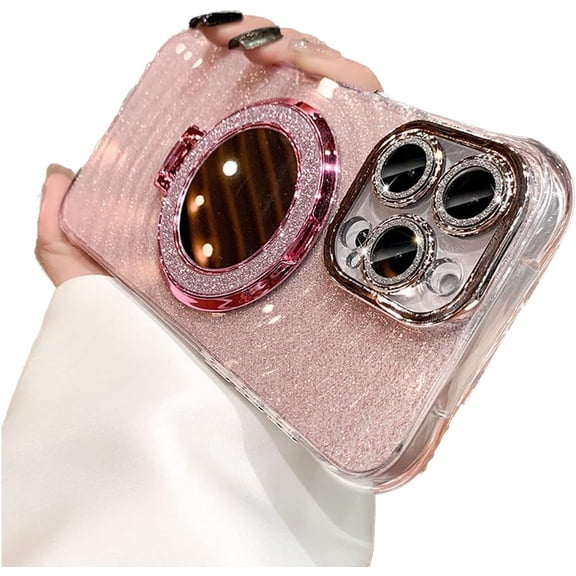 Magnetic Kickstand Glitter Case for iPhone 15 Pro Max (Compatible with Magsafe) Bling Cover with Glitter Lens Protector& Makeup Mirror for Women Girly for iPhone 15 Pro Max (Pink)