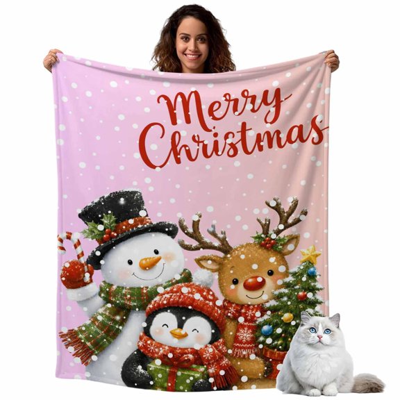 Merry Christmas Snowman Elk Throw Blanket Flannel Fleece Throws, Winter Snowflakes Berry Lightweight Super Soft Warm Blankets for Couch Sofa Bed All Season Use,50x60 IN
