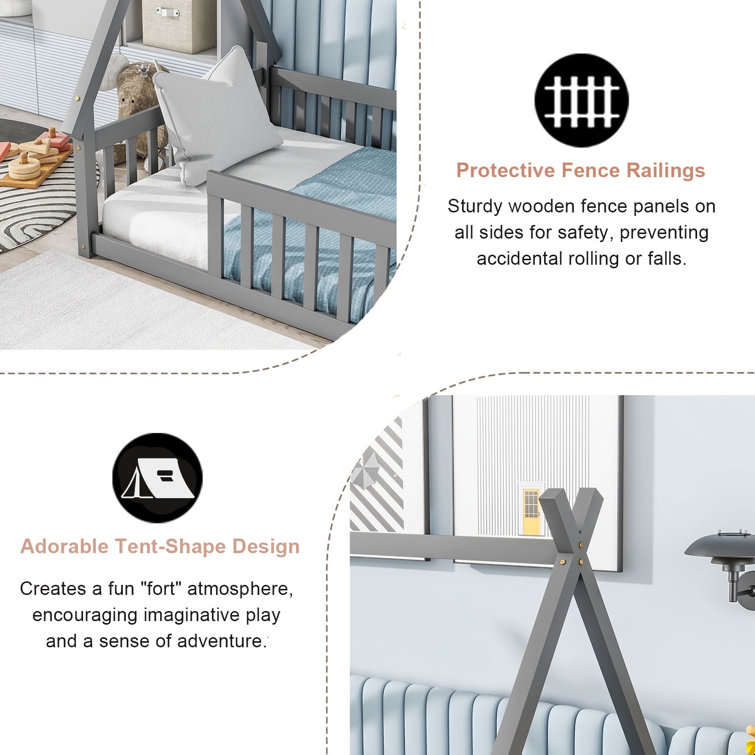 Twin Size House Floor Bed, Wood Montessori Bed Frame with Fence Guardrails, House Beds Frame No Box Spring Needed（Twin,Gray)