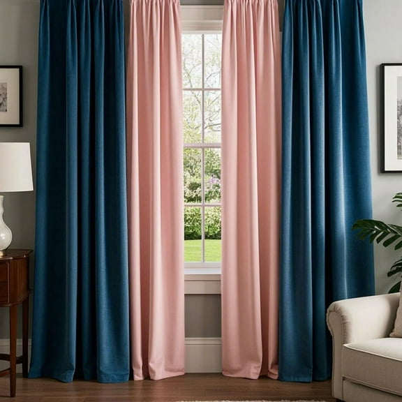SMILETIME Pink & Navy Blue Back Tab Curtains, 4 Panels Set Rod Pocket & Pinch Pleat Design Light-Filtering & Thermal Insulation Ideal for Living Room, Bedroom & Office Windows