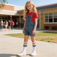 thumbnail image 6 of Boys Girls Denim Overalls Set of 3, Crewneck T-Shirt Denim Bib Short Jumpsuit and Socks Cute Workwear, 6 of 9