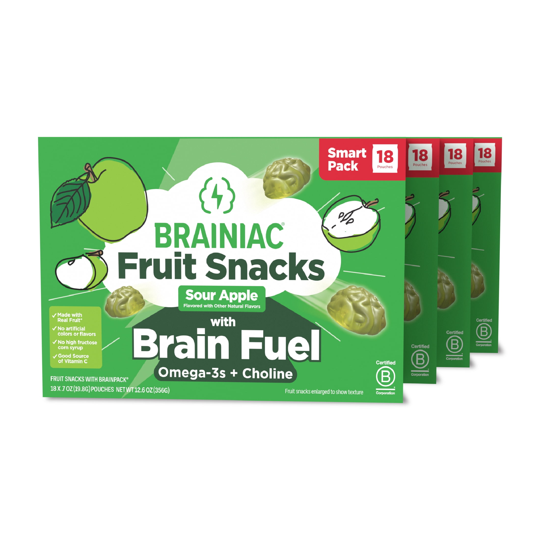 Brainiac Fruit Snacks with BrainPack, 'Mega Apple Flavor, 72 Count